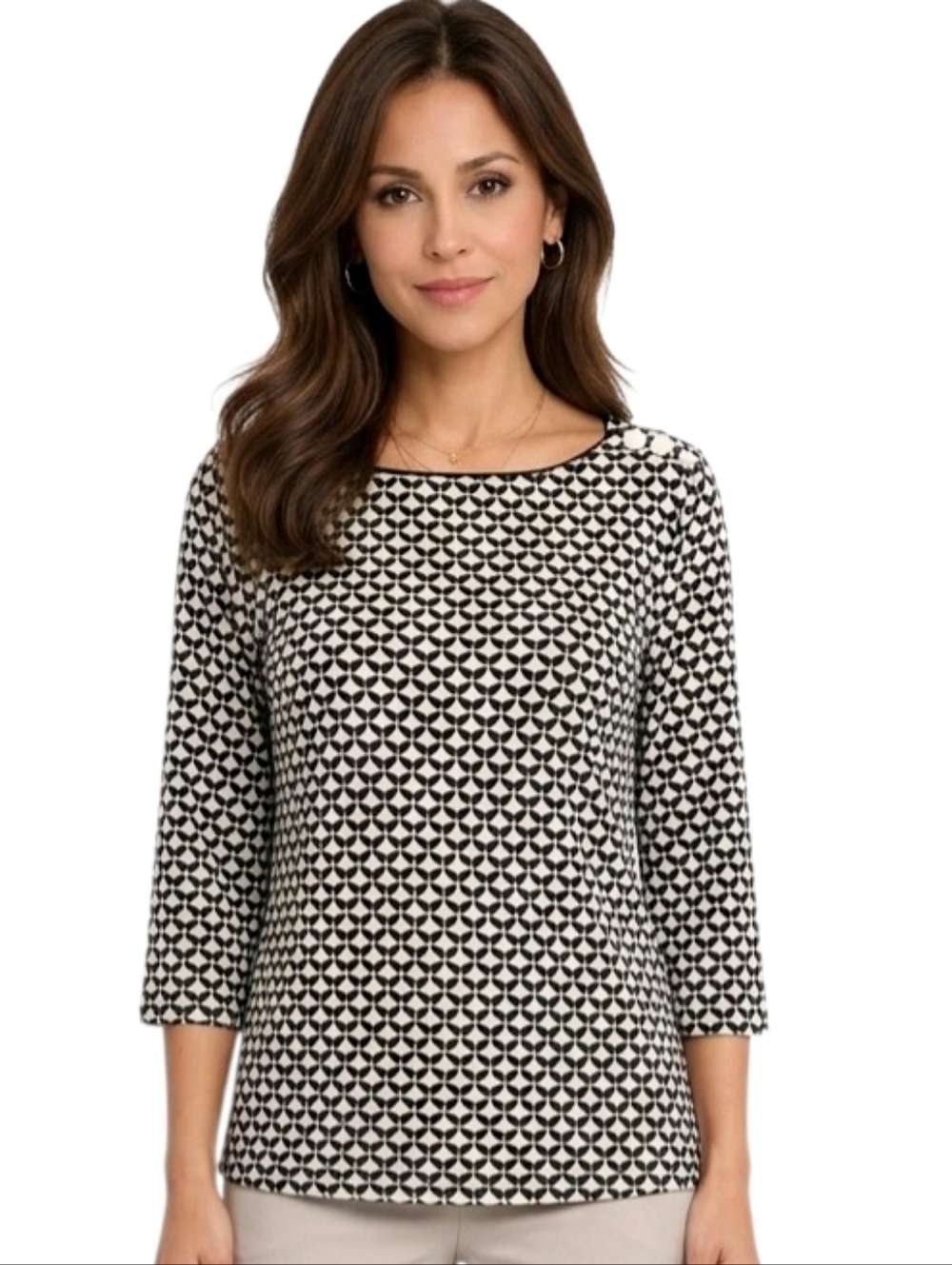 Croft&Barrow Ivory & Black Patterned Bateau Neck Button Detail 3/4 Sleeve Top LP